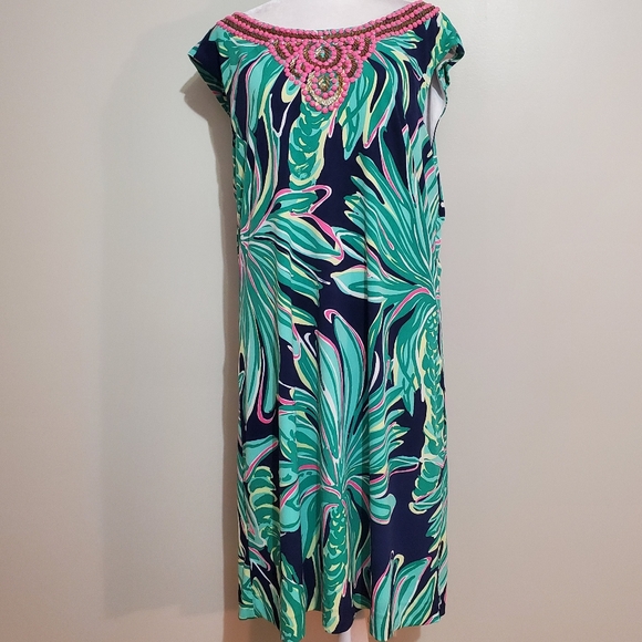 Lilly Pulitzer Bristol navy green Tiger Palm beaded sleeveless sheath dress XL - Picture 3 of 13